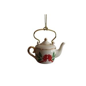 Lenox Miniature Teapot Kettle Holly Berries Gold Trim Christmas Ornament Steeped